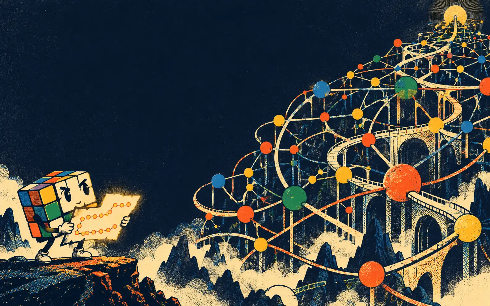 The cube mascot studying a map beside a mountain of colourful connected routes